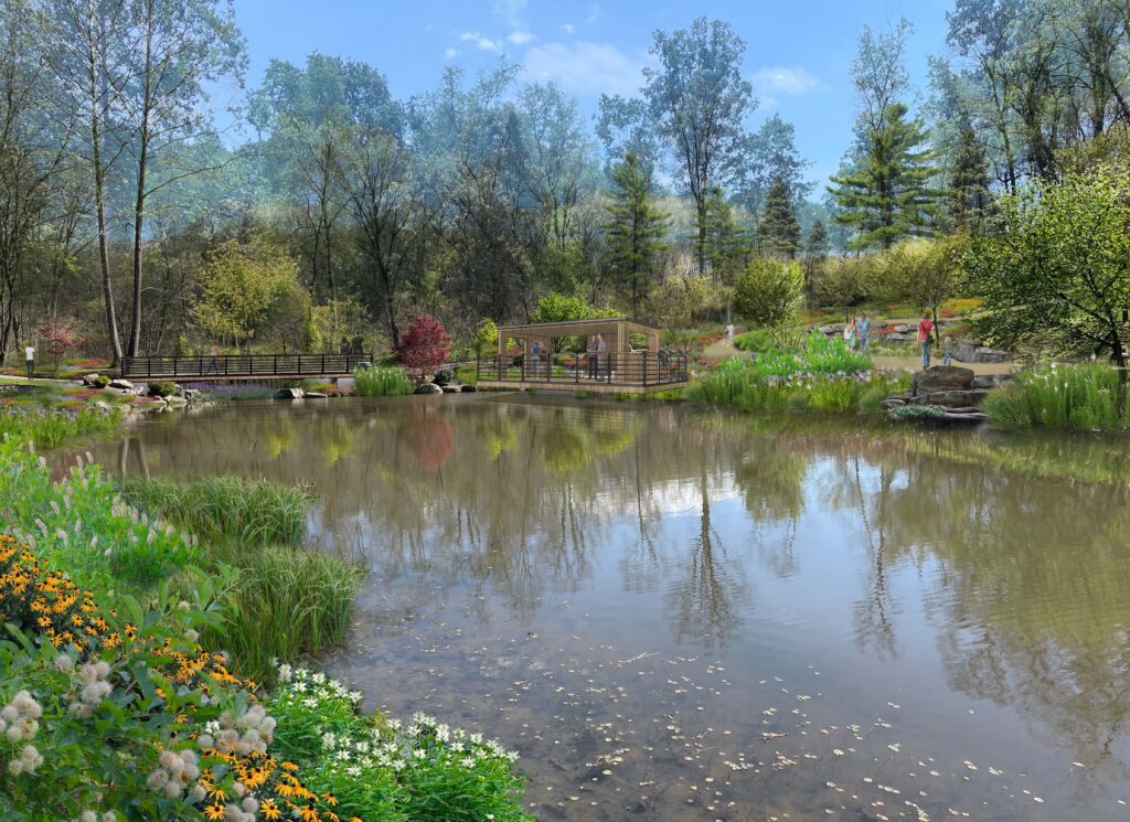 Scenic Pond Overlook Framed by Seasonal Blooms and Woodland Canopy