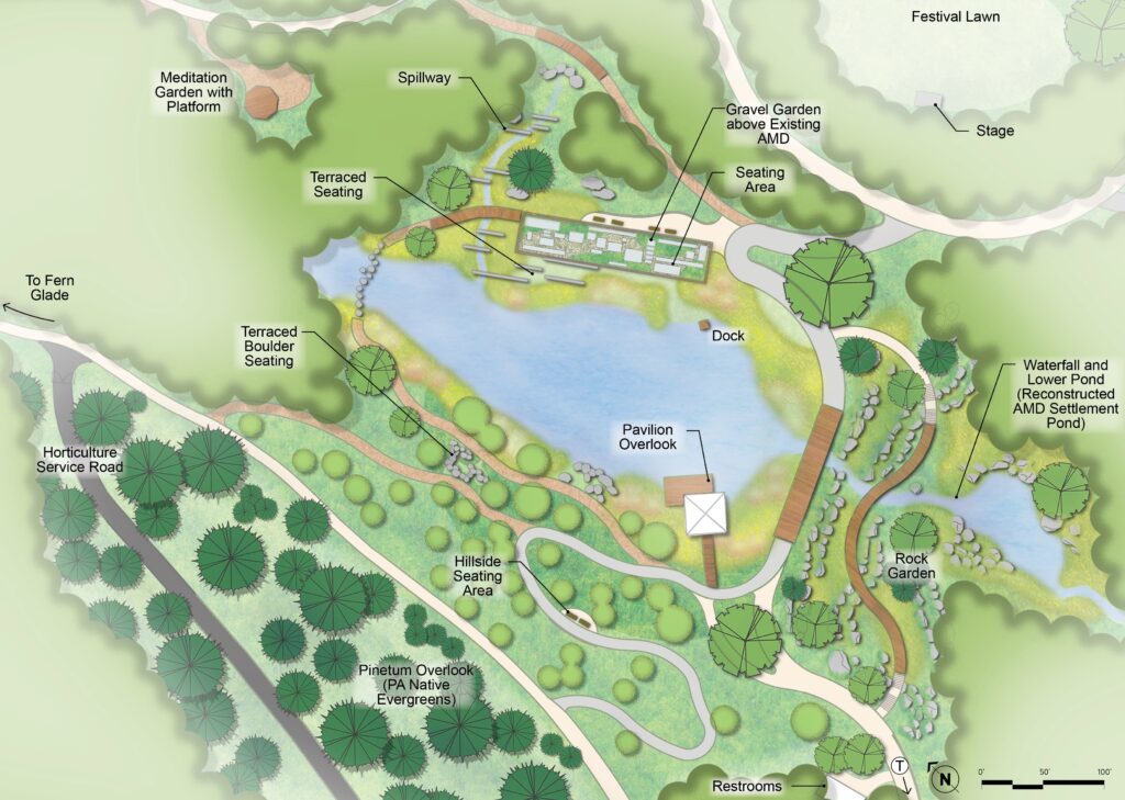Pond Garden Plan Featuring Pavilion Overlook and Tiered Seating Integration
